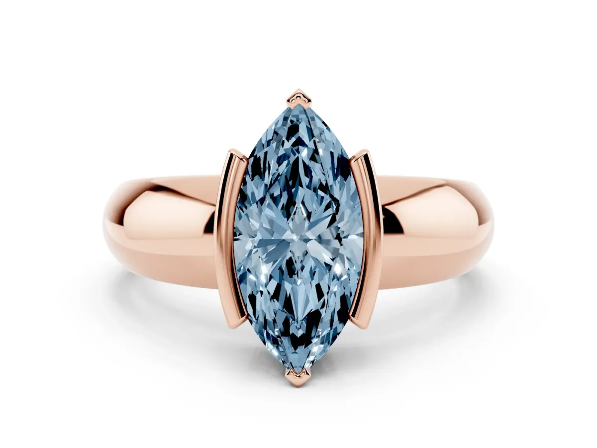 Fancy Blue Marquise Cut Solitaire Tension Set Diamond Ring with Wide Band Rose gold