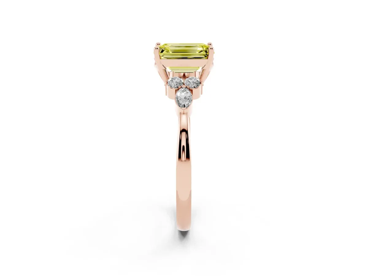 Fancy Yellow Emerald Cut Brilliant Diamond Solitaire Ring with Pear Side Stones and Four-Prong Setting Rose gold