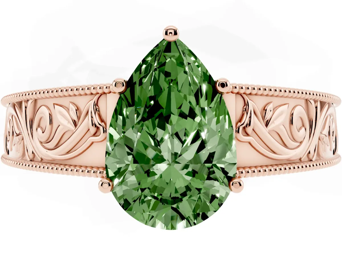 Fancy Green Pear Cut Diamond Solitaire Ring with Engraved Band and Four-Prong Setting Rose gold