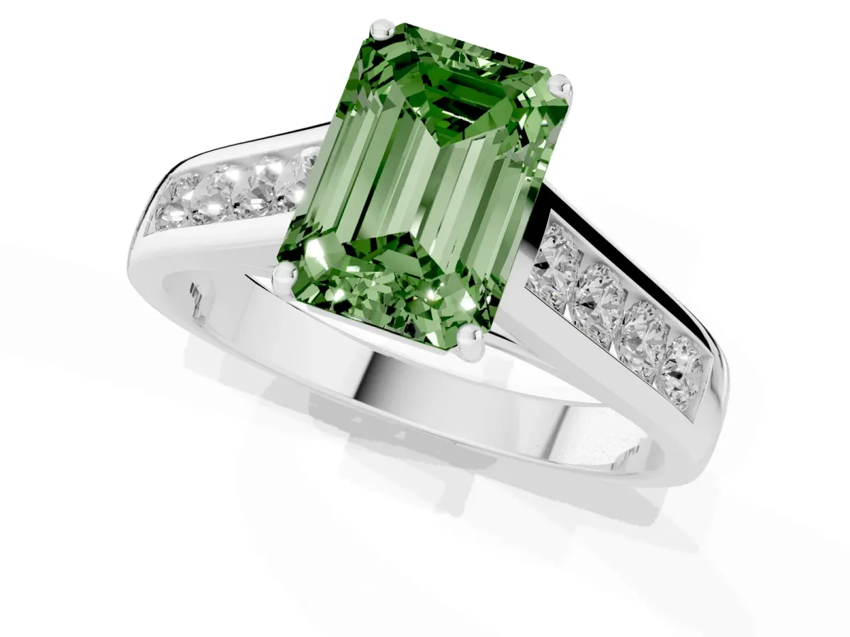 Fancy Green Emerald Cut Brilliant Channel-Set Solitaire Ring with Four-Prong Setting White gold