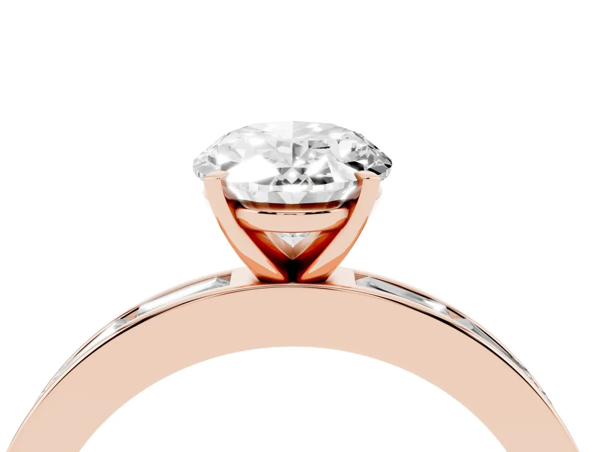 Oval Cut Solitaire Diamond Ring with Channel-Set Baguette Band and Four-Prong Setting Rose gold