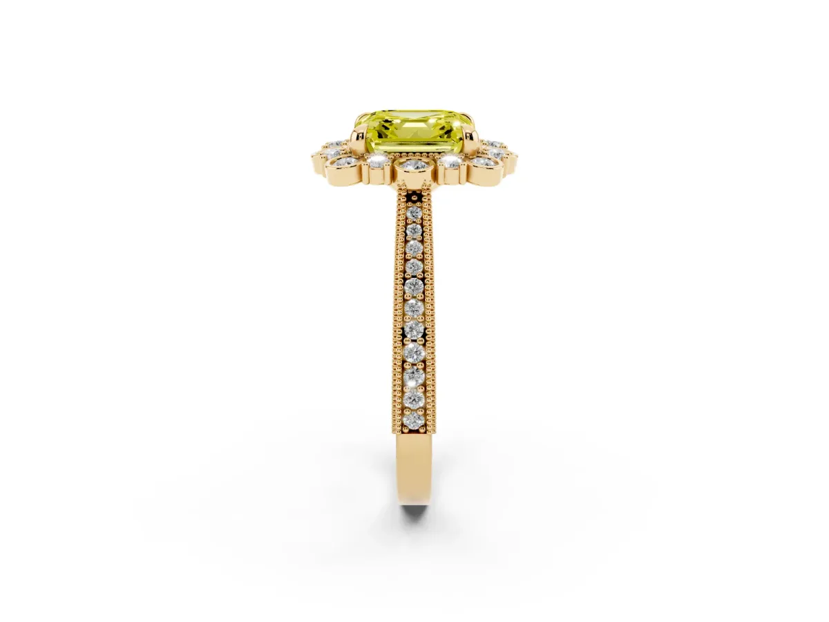 Fancy Yellow Asscher Cut Halo Milgrain Pave Diamond Ring with Four-Prong Setting Yellow gold