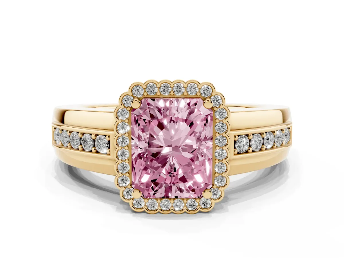 Fancy Pink Radiant Cut Cut Halo Pave Band Four-Prong Ring Yellow gold