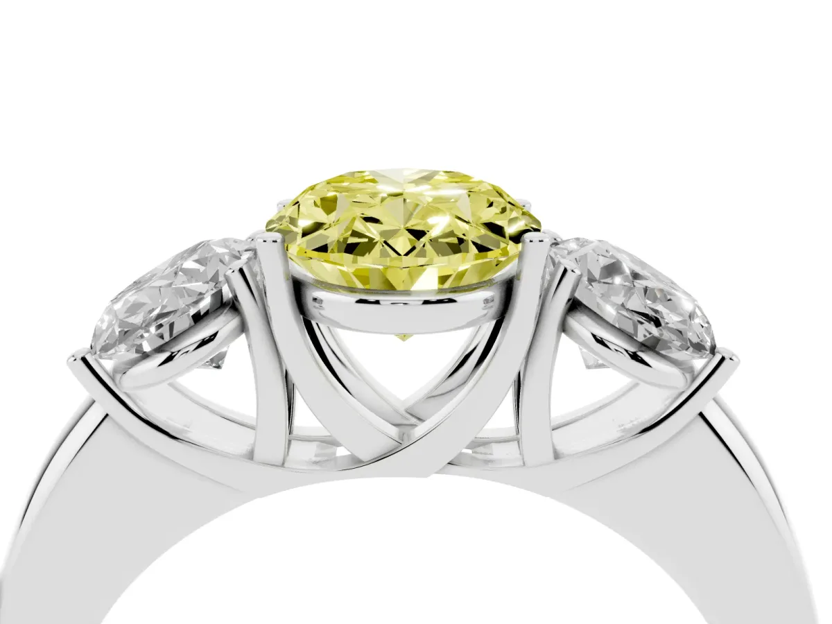 Fancy Yellow Oval Cut Diamond Three-Stone Ring with Four-Prong Setting and Classic Band Silver
