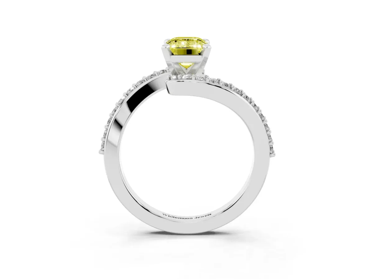 Fancy Yellow Emerald Cut Solitaire Twist Band with Pave Set Diamonds and Four-Prong Setting White gold