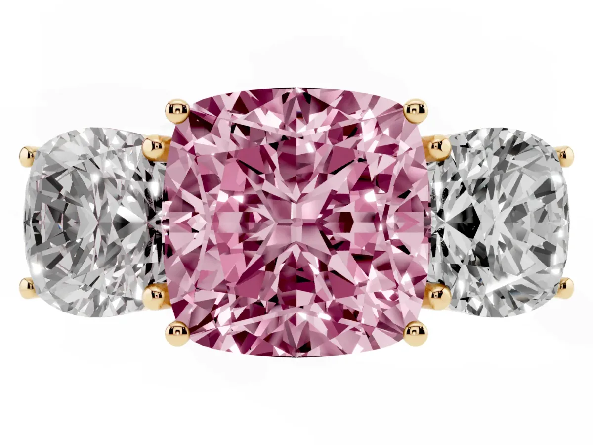 Fancy Pink Three-Stone Cushion Cut Diamond Braided Band Ring with Four-Prong Setting Yellow gold
