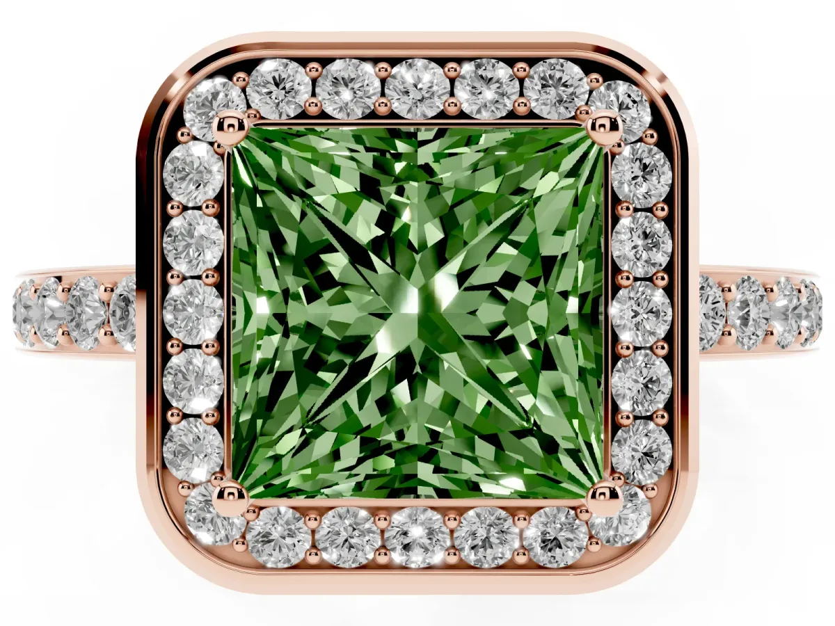 Fancy Green Princess Cut Diamond Halo Ring with Bezel Frame and Pavé Band Rose gold