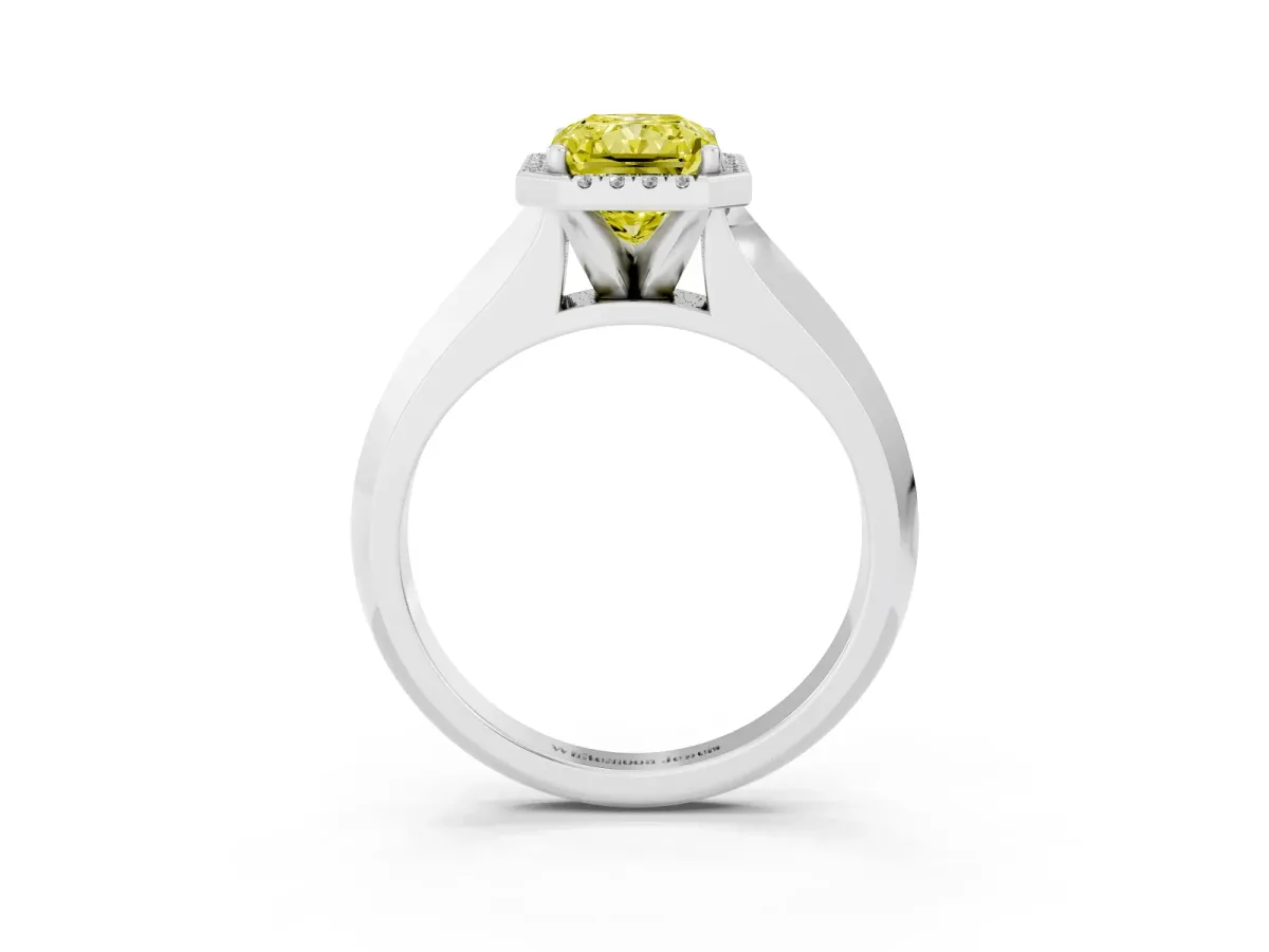 Fancy Yellow Radiant Cut Halo Diamond Ring with Cathedral Band and Four-Prong Setting White gold