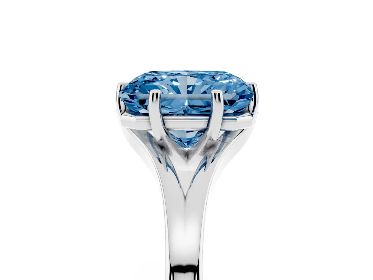 Fancy Blue Radiant Cut Solitaire Diamond Ring with Six-Prong Setting and Tapered Band Silver