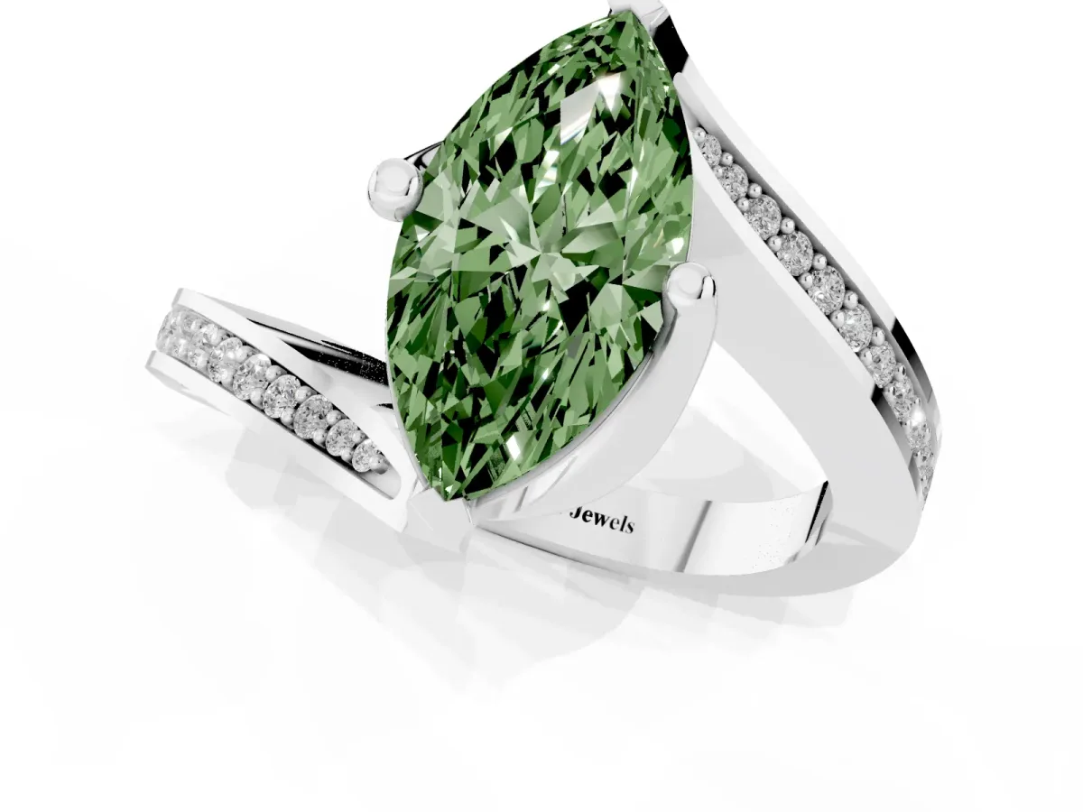 Fancy Green Marquise Cut Solitaire Diamond Twist Band with Pavé Setting and Four-Prong Setting Silver