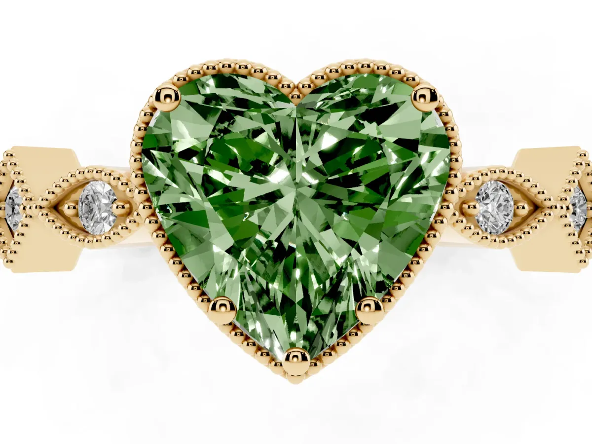 Fancy Green Heart Cut Milgrain Marquise Diamond Twist Band Ring Yellow gold