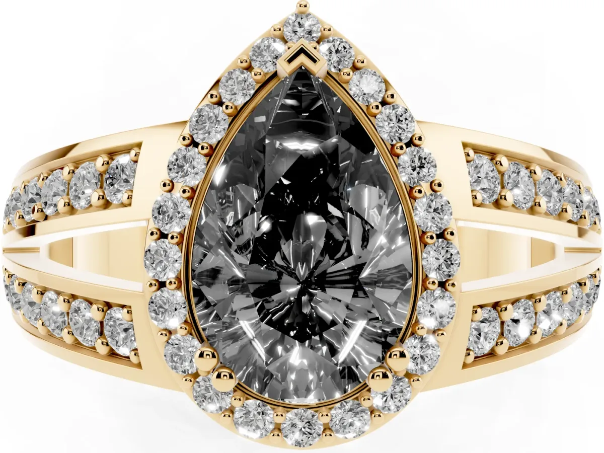 Fancy Black Pear Cut Diamond Halo Ring with Split Shank Pavé Band and Four-Prong Setting Yellow gold