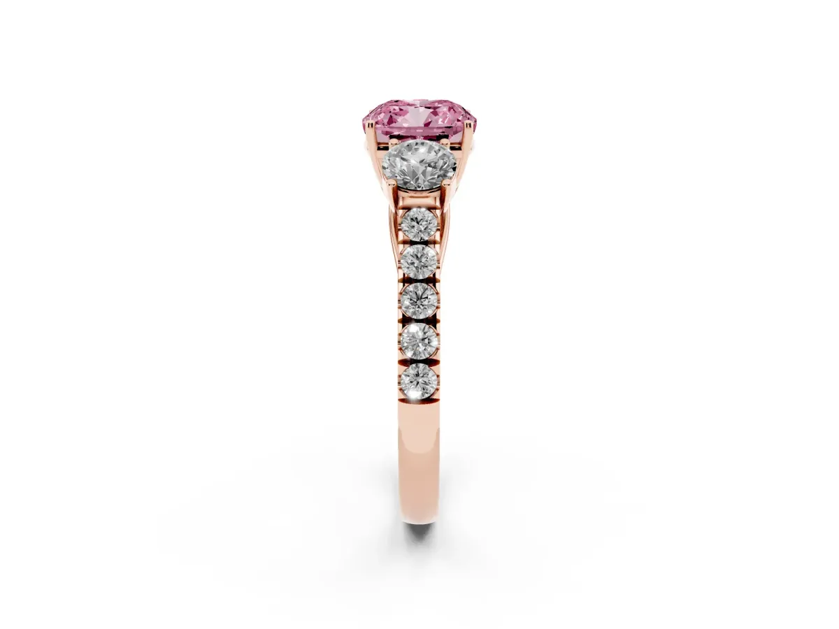 Fancy Pink Cushion Cut Cut Diamond Three-Stone Ring with Round Side Stones and Pavé Band Rose gold