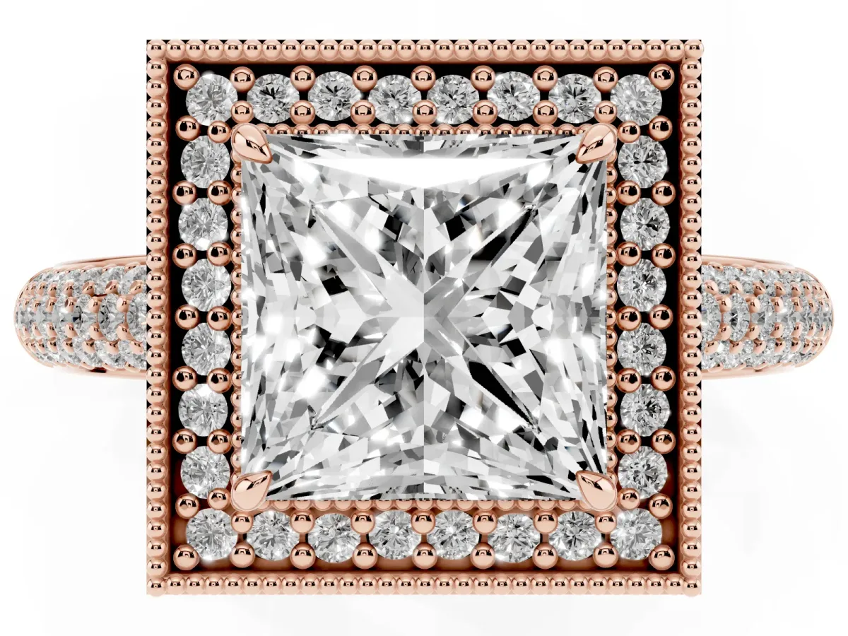 Princess Cut Cut Halo Diamond Pave Band with Four-Prong Setting Rose gold