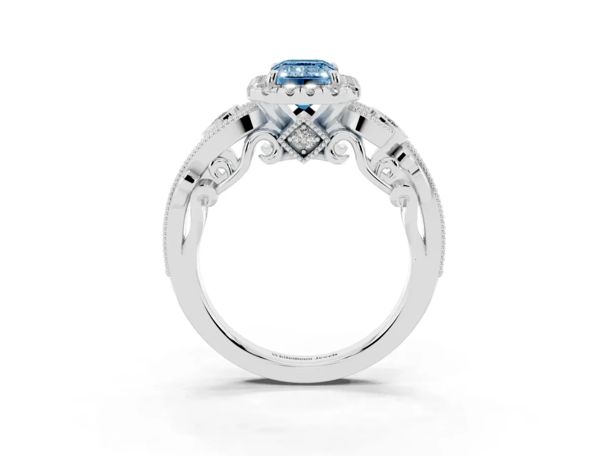 Fancy Blue Emerald Cut Halo Diamond Ring with Milgrain and Bezel Accents on a Split Shank Band White gold