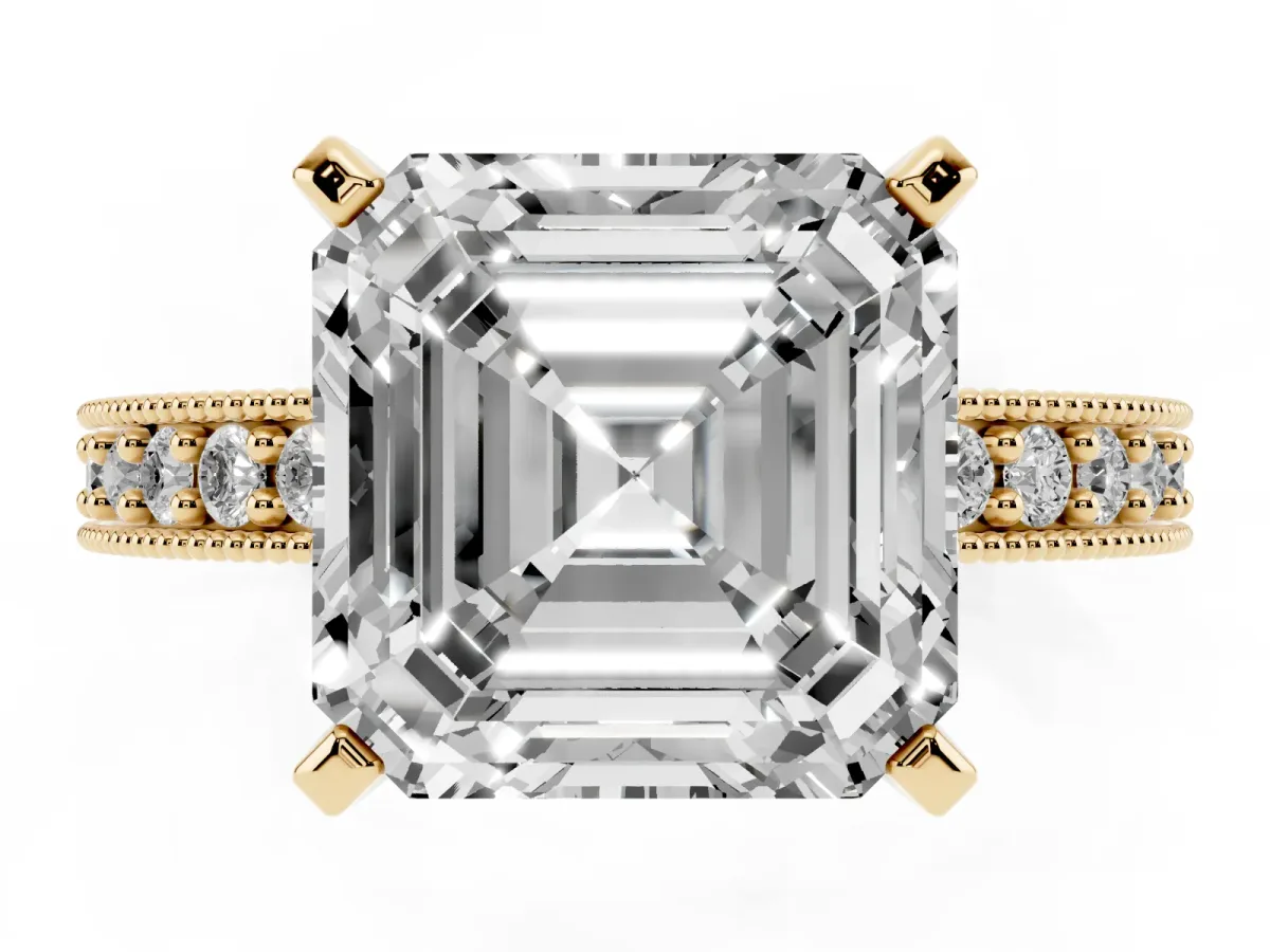 Asscher Cut Diamond Milgrain Pavé Engagement Ring with Four-Prong Setting Yellow gold