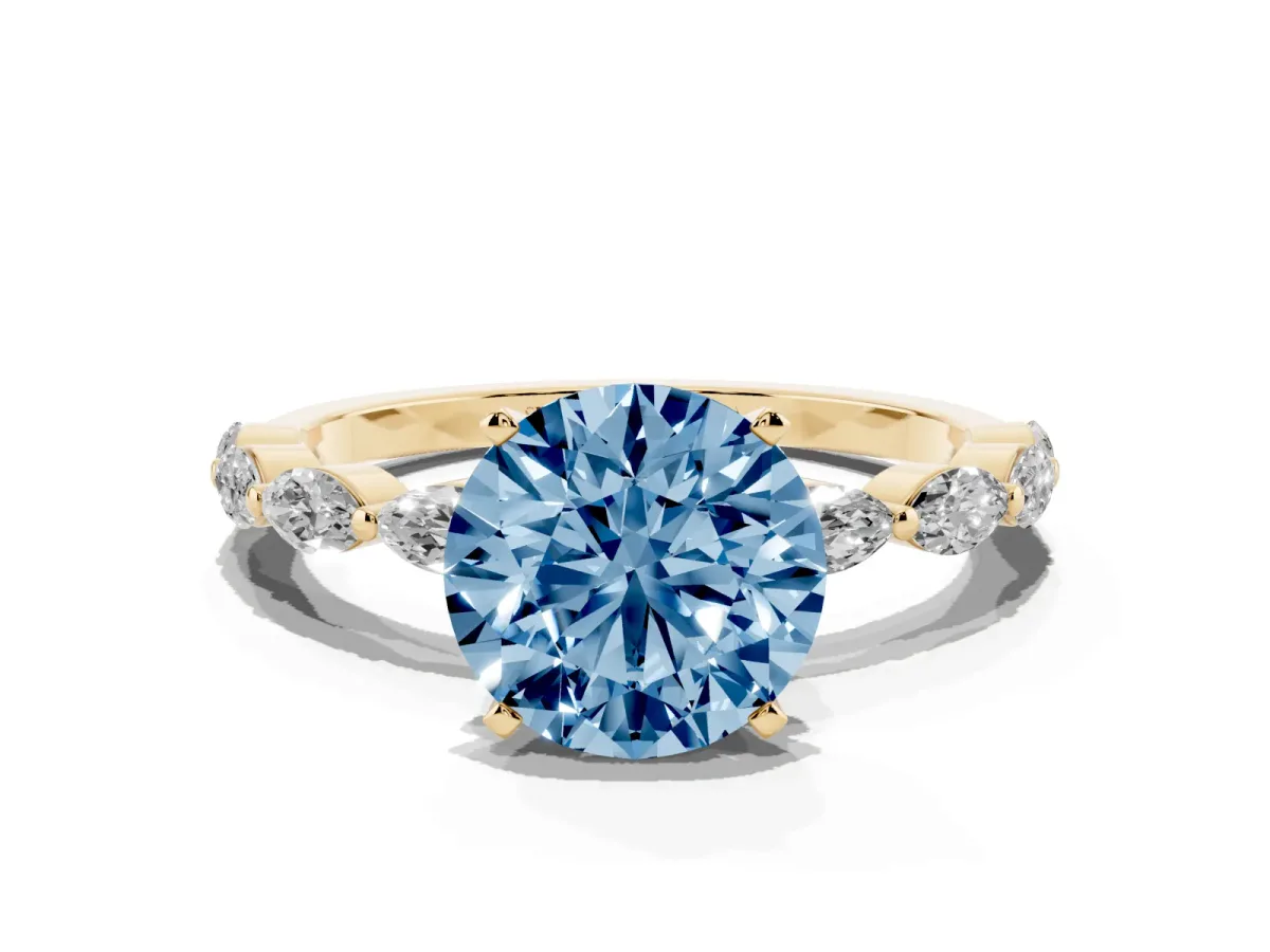 Fancy Blue Round Cut Diamond Ring with Marquise Side Stones and Prong Setting Yellow gold