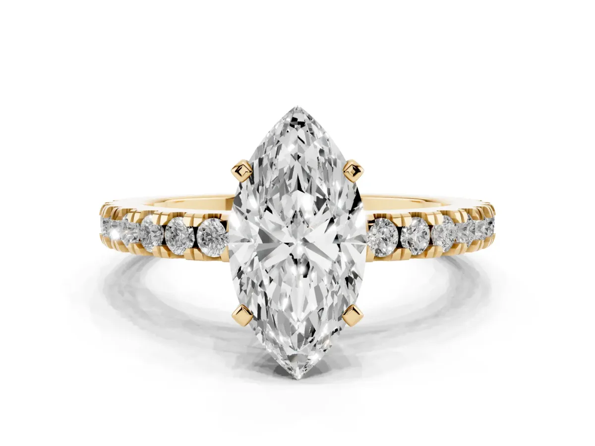 Marquise Cut Solitaire Diamond with Pavé Band and Four-Prong Setting Yellow gold