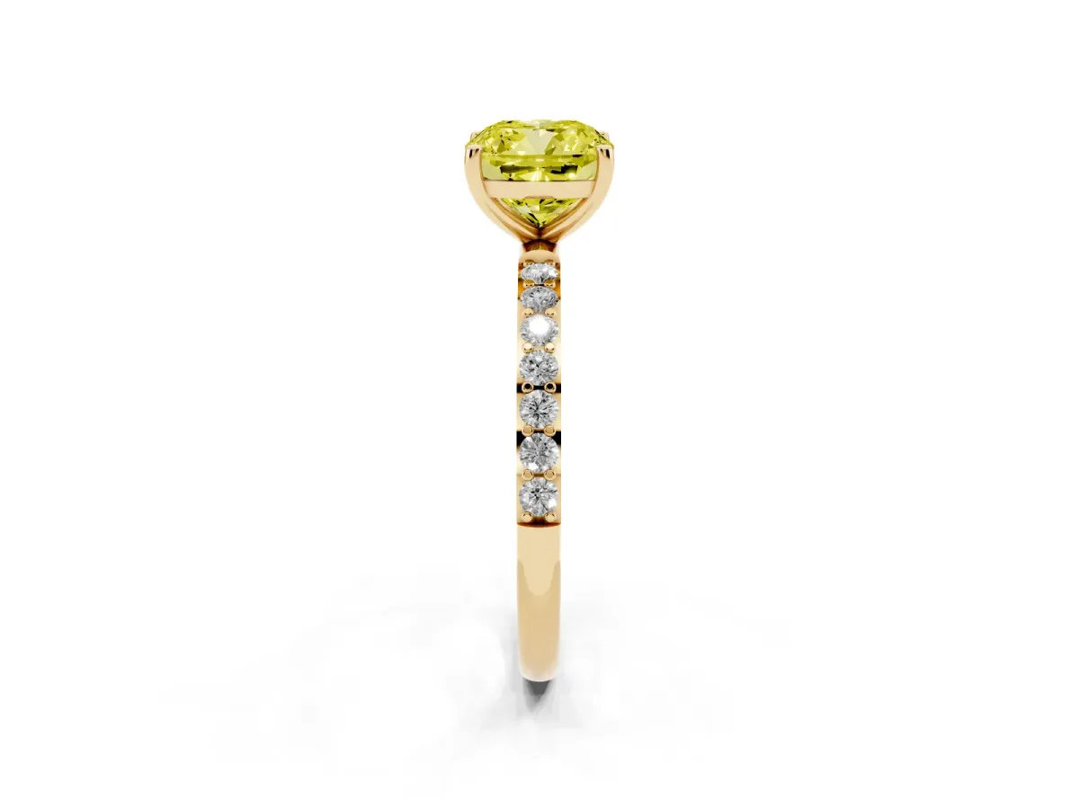 Fancy Yellow Cushion Cut Diamond Solitaire Ring with Round Pavé Shoulders and Prong Setting Yellow gold
