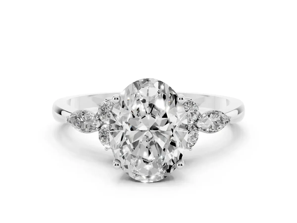 Oval Cut Brilliant Diamond Solitaire Ring with Pear Side Stones and Four-Prong Setting Silver