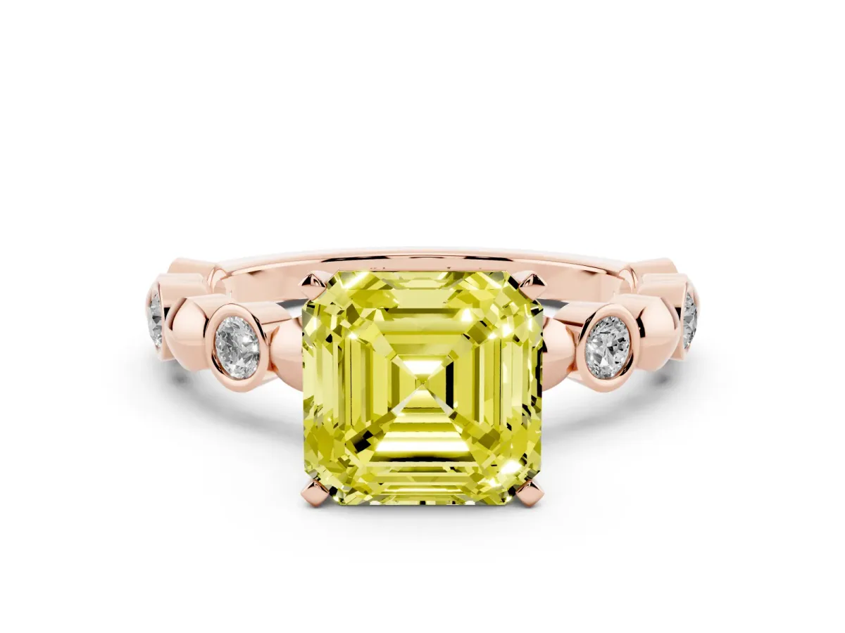 Fancy Yellow Asscher Cut Solitaire Bezel-Set Diamond Ring with Beaded Band and Four-Prong Setting Rose gold