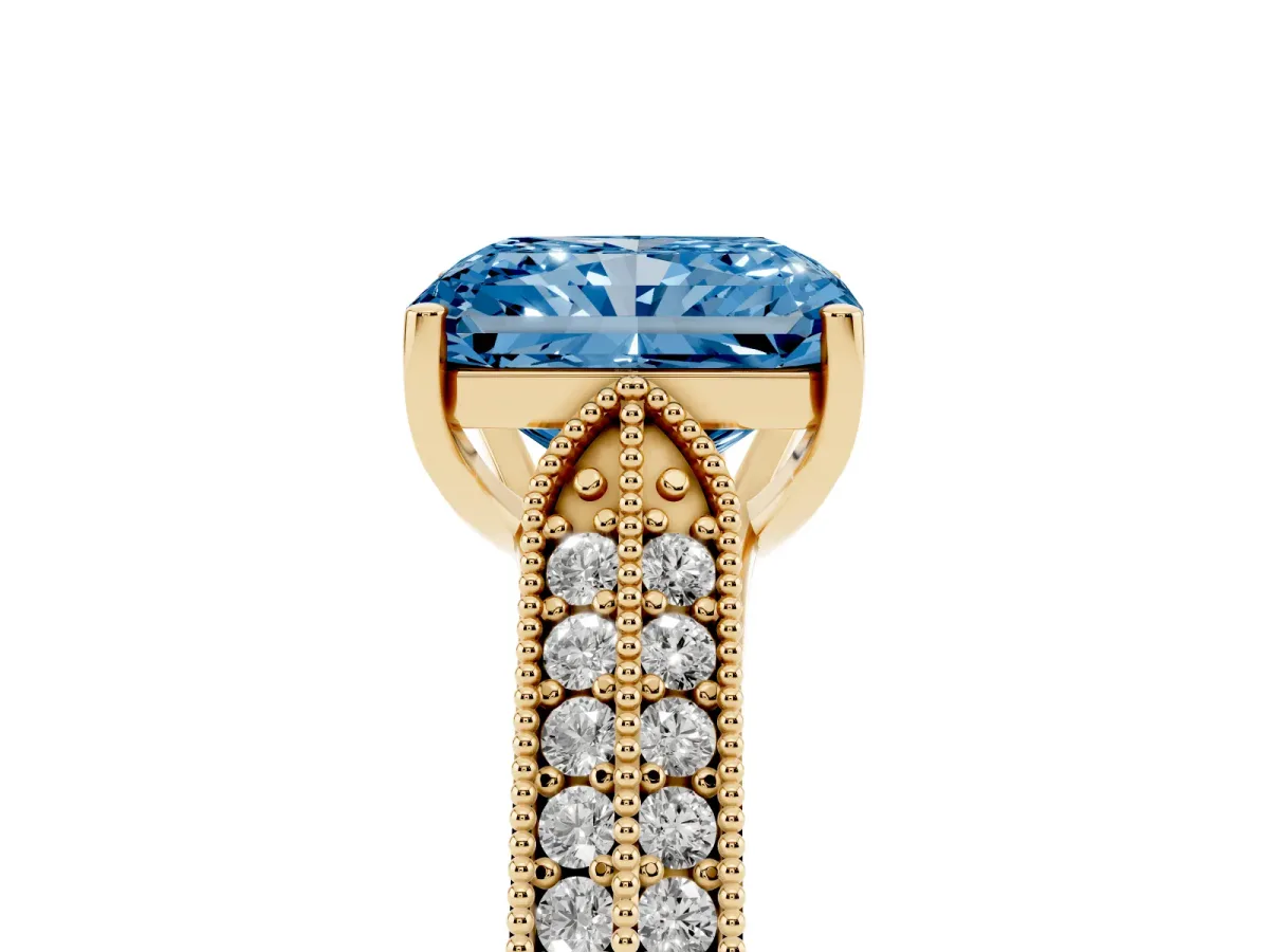 Fancy Blue Radiant Cut Cut Pave Split Shank Engagement Ring with Four-Prong Setting Yellow gold