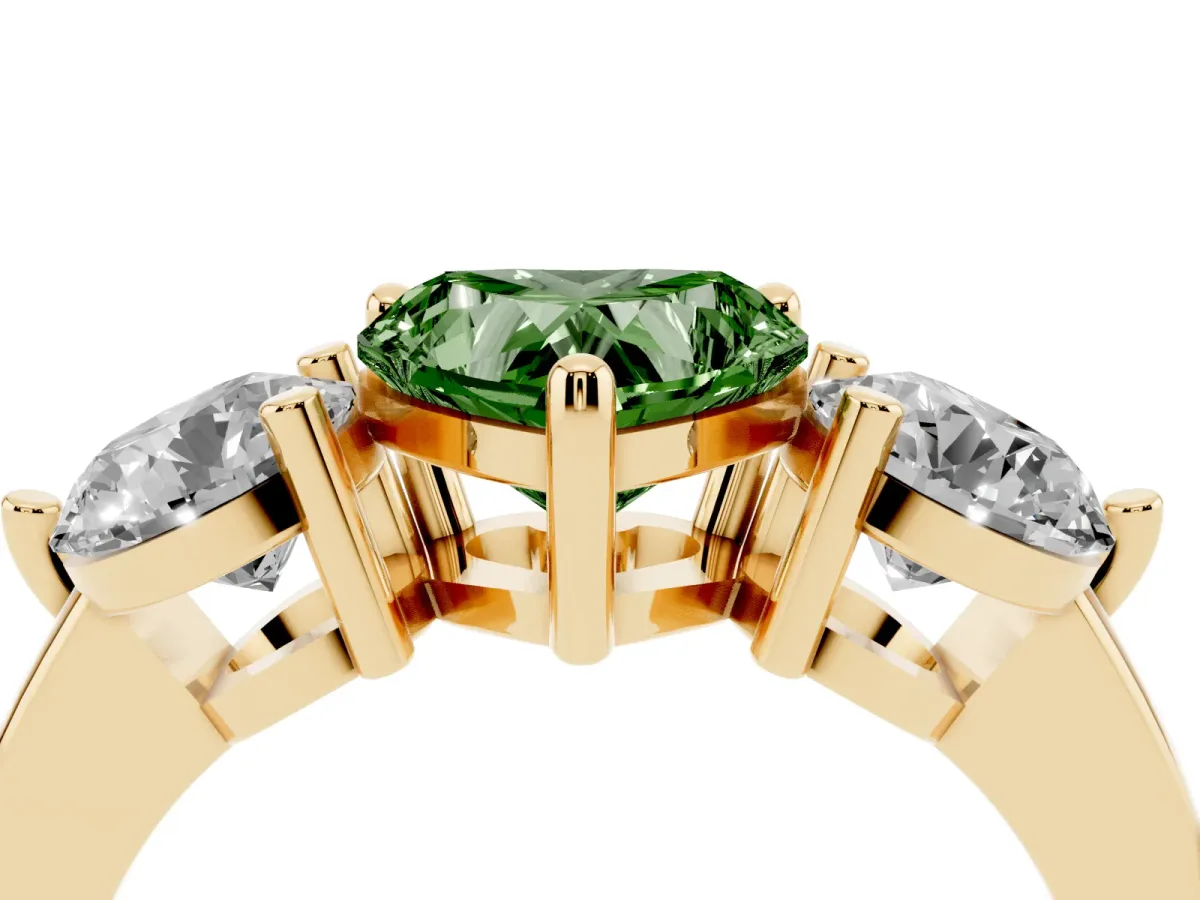 Fancy Green Three-Stone Heart Cut Brilliant Cut Solitaire Ring with Prong Setting on a Classic Band Yellow gold