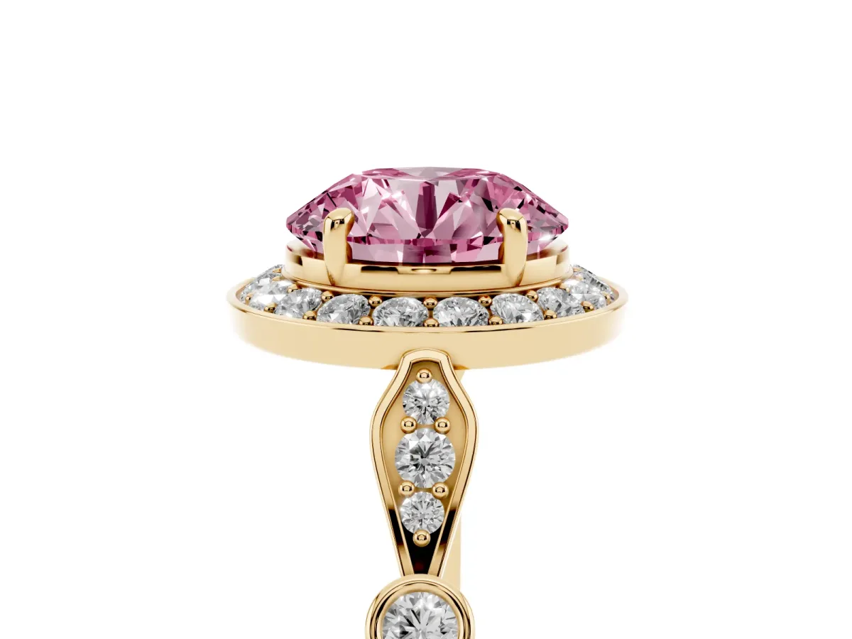 Fancy Pink Round Cut Halo Diamond Engagement Ring with Twisted Band and Four-Prong Setting Yellow gold