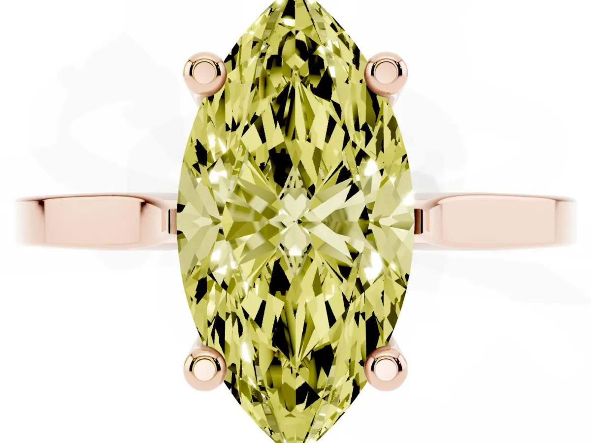 Fancy Yellow Marquise Cut Solitaire Diamond Ring with Four-Prong Setting and Tapered Band Rose gold