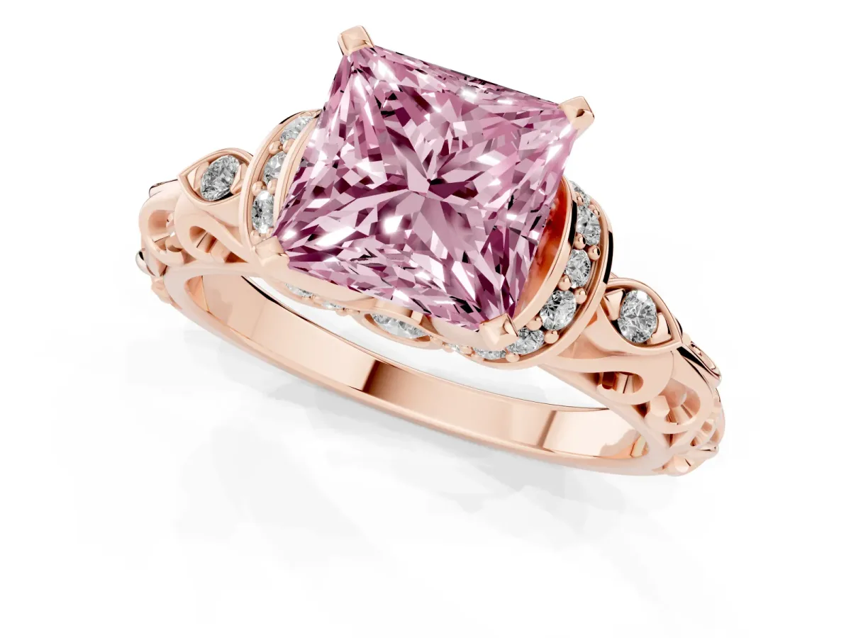 Fancy Pink Princess Cut Diamond Solitaire Ring with Filigree Band and Four-Prong Setting Rose gold
