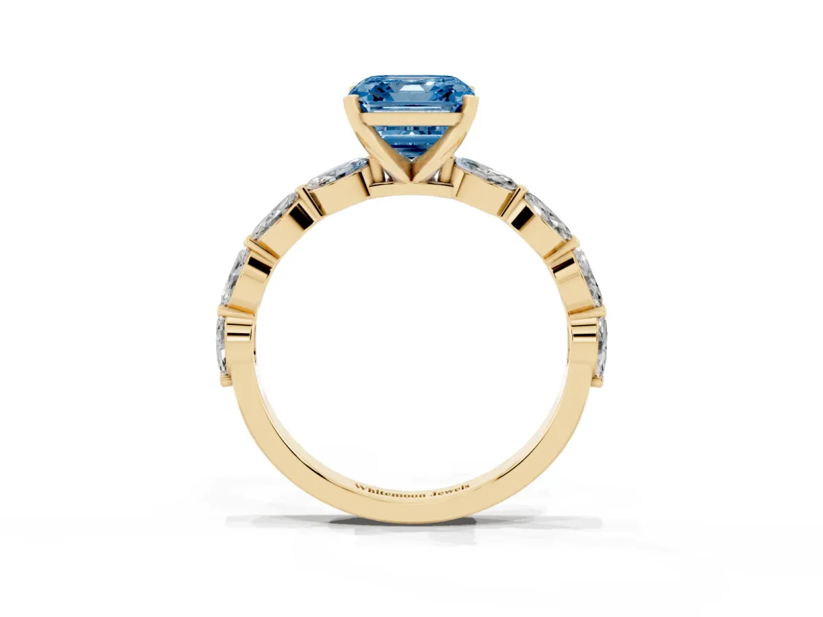Fancy Blue Asscher Cut Diamond Ring with Marquise Side Stones and Prong Setting Yellow gold