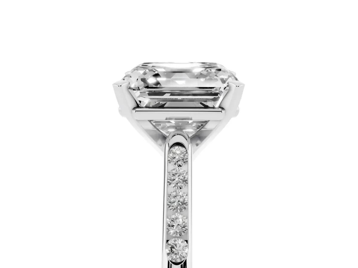 Asscher Cut Diamond Solitaire Ring with Channel Set Round Band and Prong Setting Silver