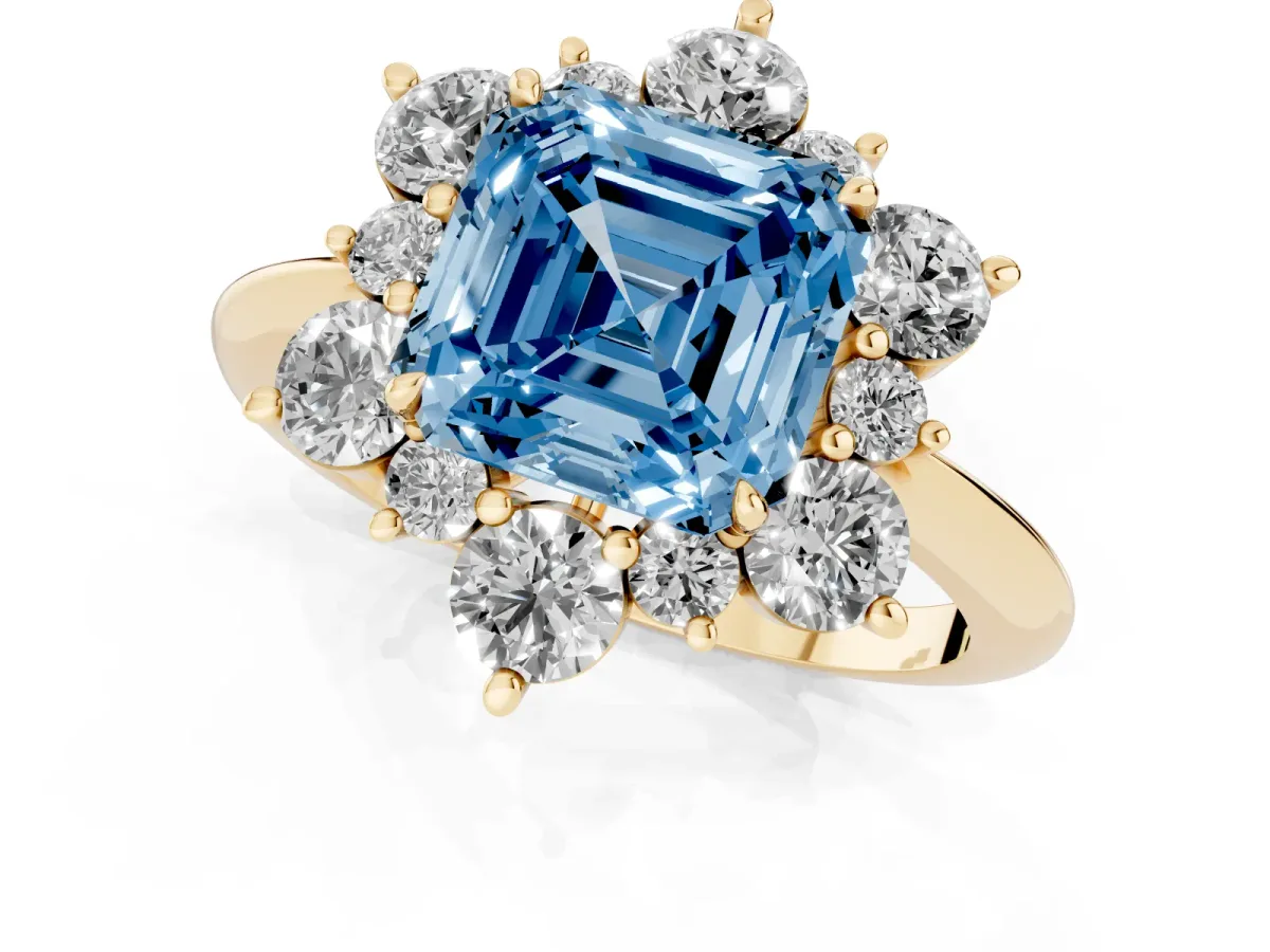 Fancy Blue Asscher Cut Diamond Cluster Halo Ring with Solitaire Band and Four-Prong Setting Yellow gold