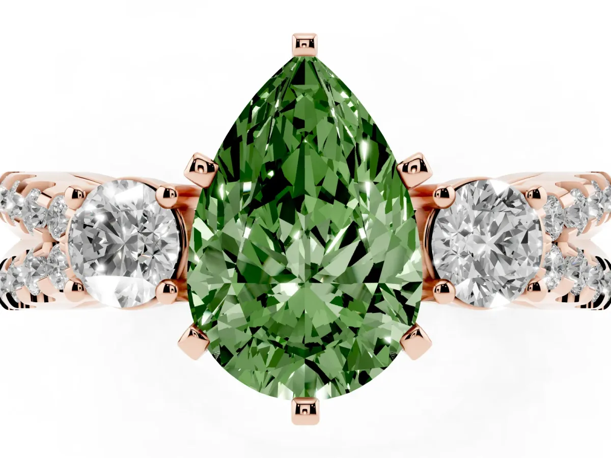 Fancy Green Pear Cut Diamond Three-Stone Ring with Pavé Split Shank and Four-Prong Setting Rose gold
