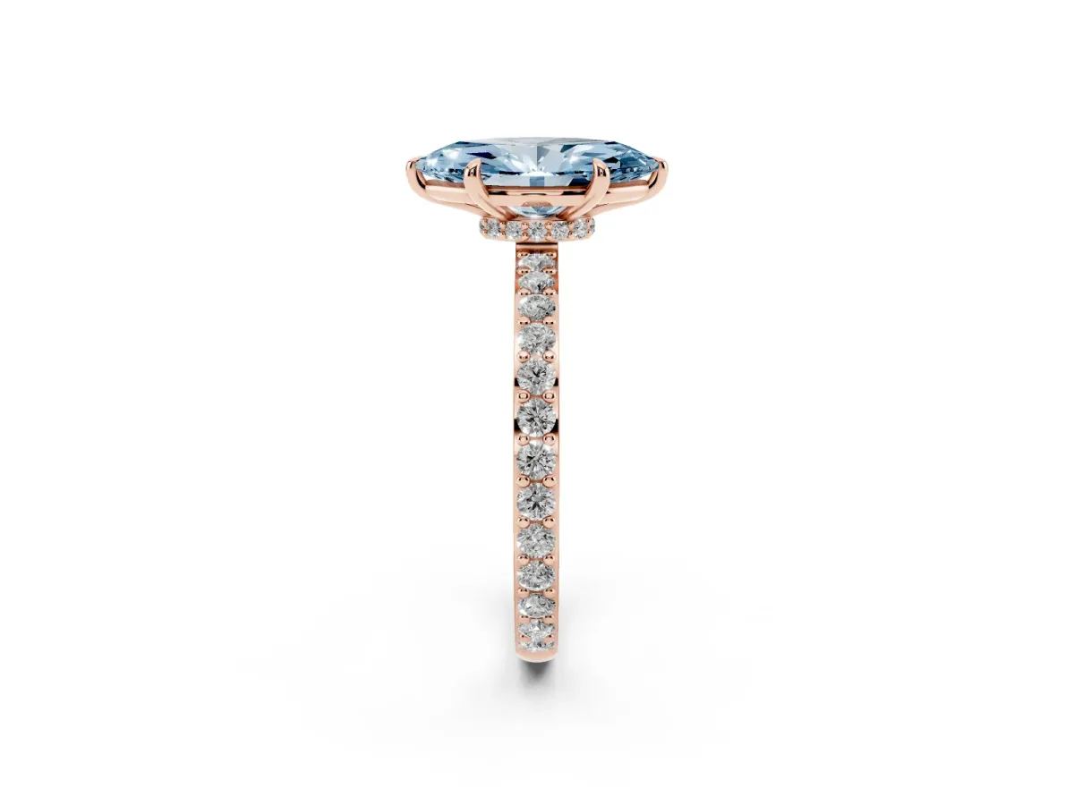 Fancy Blue Marquise Cut Diamond Pavé Engagement Ring with Round Accents and Prong Setting Rose gold