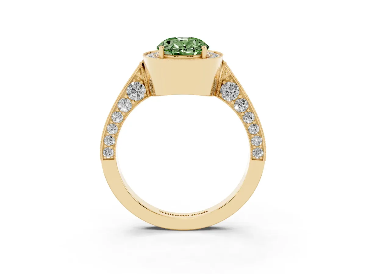 Fancy Green Oval Cut Halo Diamond Engagement Ring with Split Shank Band and Four-Prong Setting Yellow gold