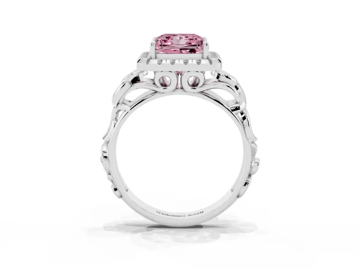 Fancy Pink Princess Cut Cut Halo Diamond Ring with Scrollwork Band and Four-Prong Setting Silver