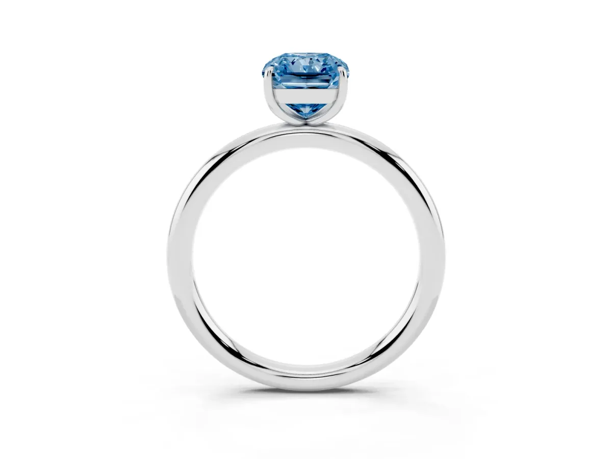 Fancy Blue Radiant Cut Solitaire Diamond Ring with Four-Prong Setting on a Plain Band White gold