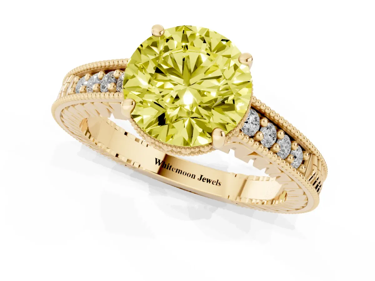 Fancy Yellow Round Cut Solitaire Pavé Diamond Milgrain Engagement Ring with Four-Prong Setting Yellow gold