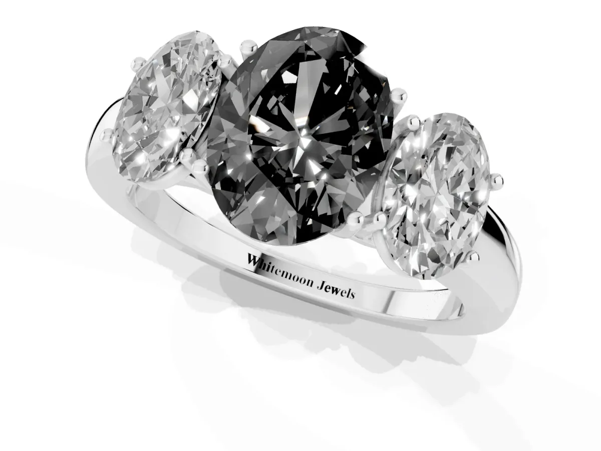 Fancy Black Oval Cut Diamond Three-Stone Ring with Four-Prong Setting and Classic Band Silver