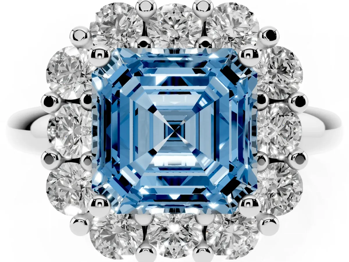 Fancy Blue Asscher Cut Halo Cluster Diamond Engagement Ring with Prong Setting and Polished Band Silver