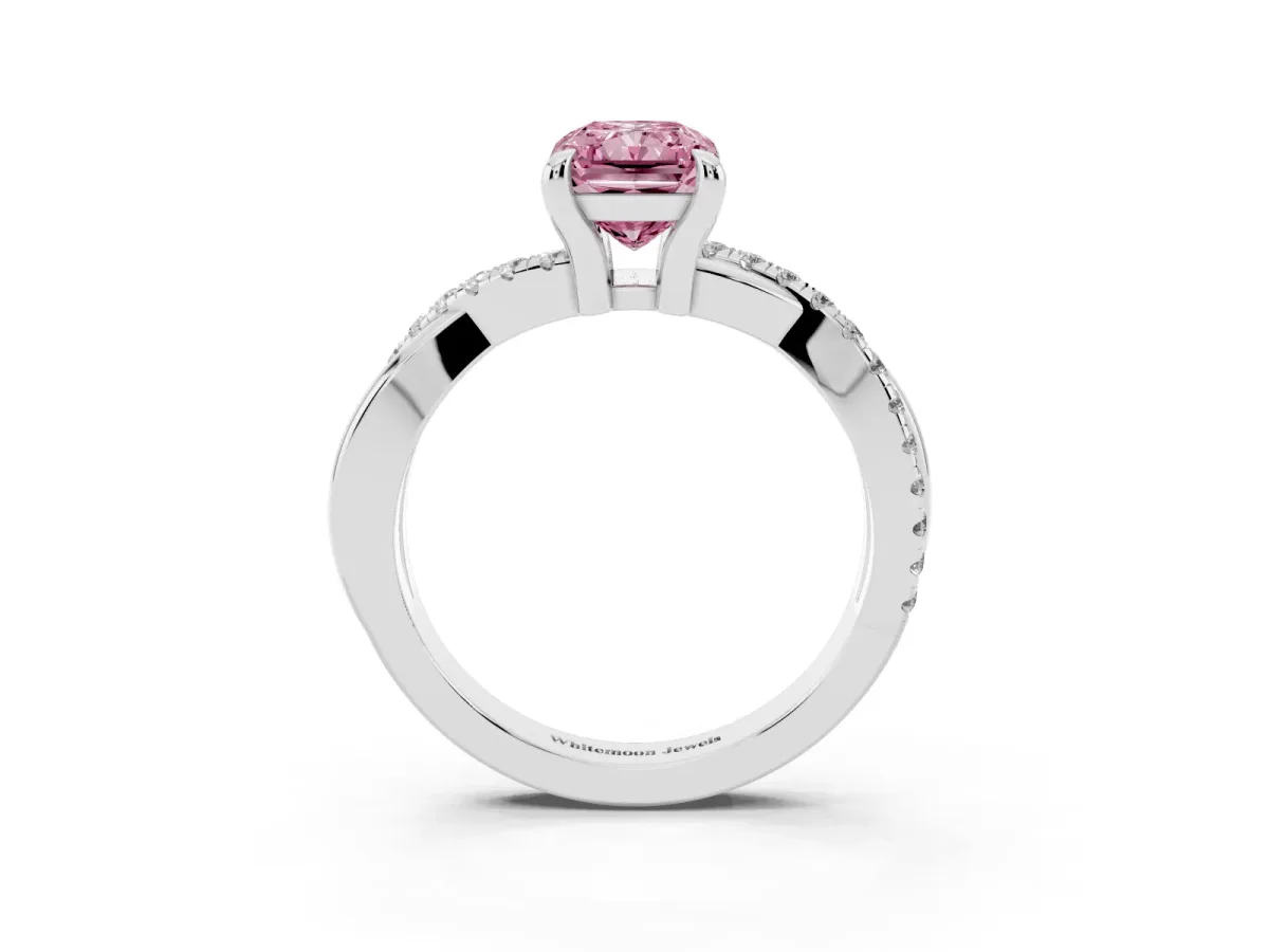 Fancy Pink Radiant Cut Cut Diamond Twist Band Solitaire with Prong Setting Silver