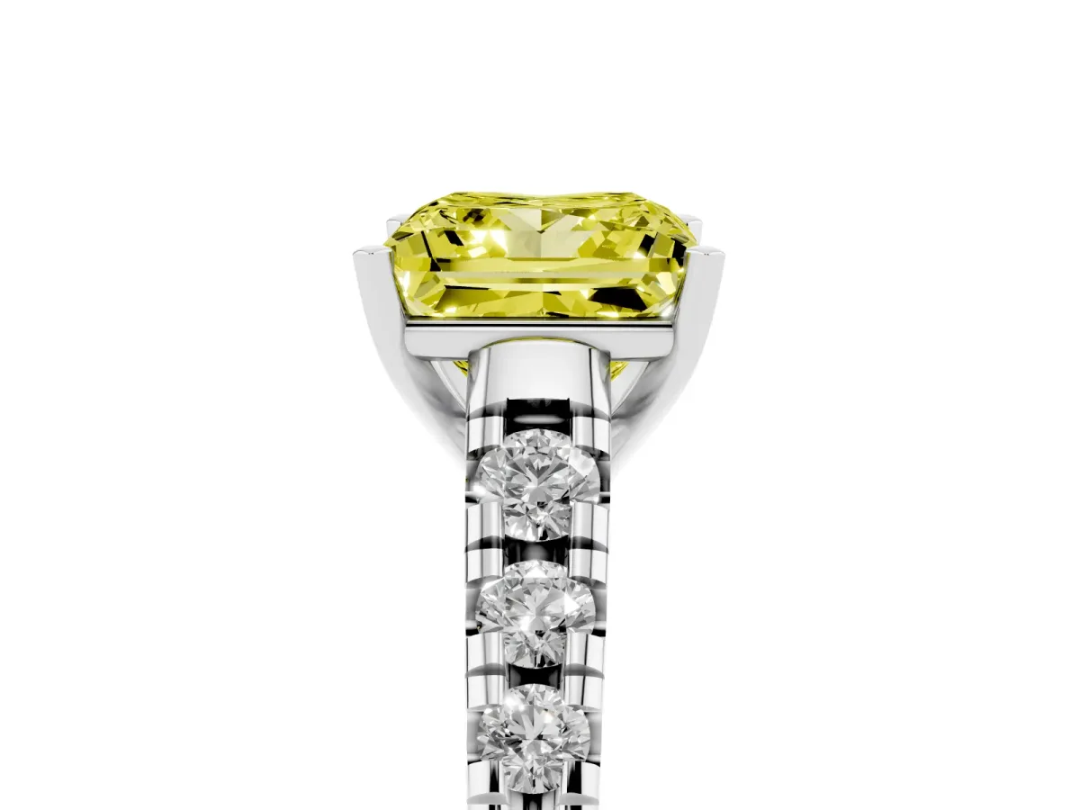 Fancy Yellow Princess Cut Diamond Cathedral Solitaire Ring with Round Pavé Band Silver