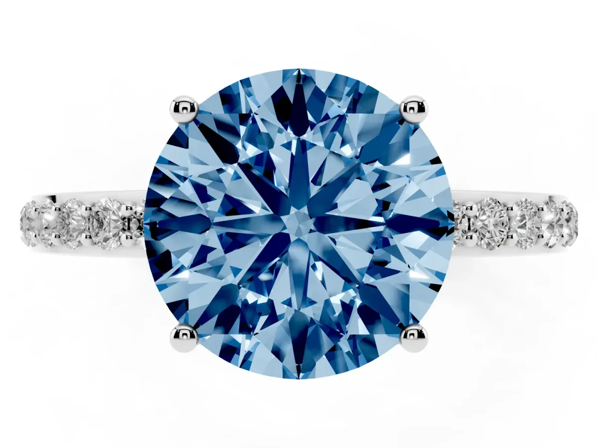 Fancy Blue Round Cut Diamond Solitaire Ring with Pavé Band and Hidden Halo Silver