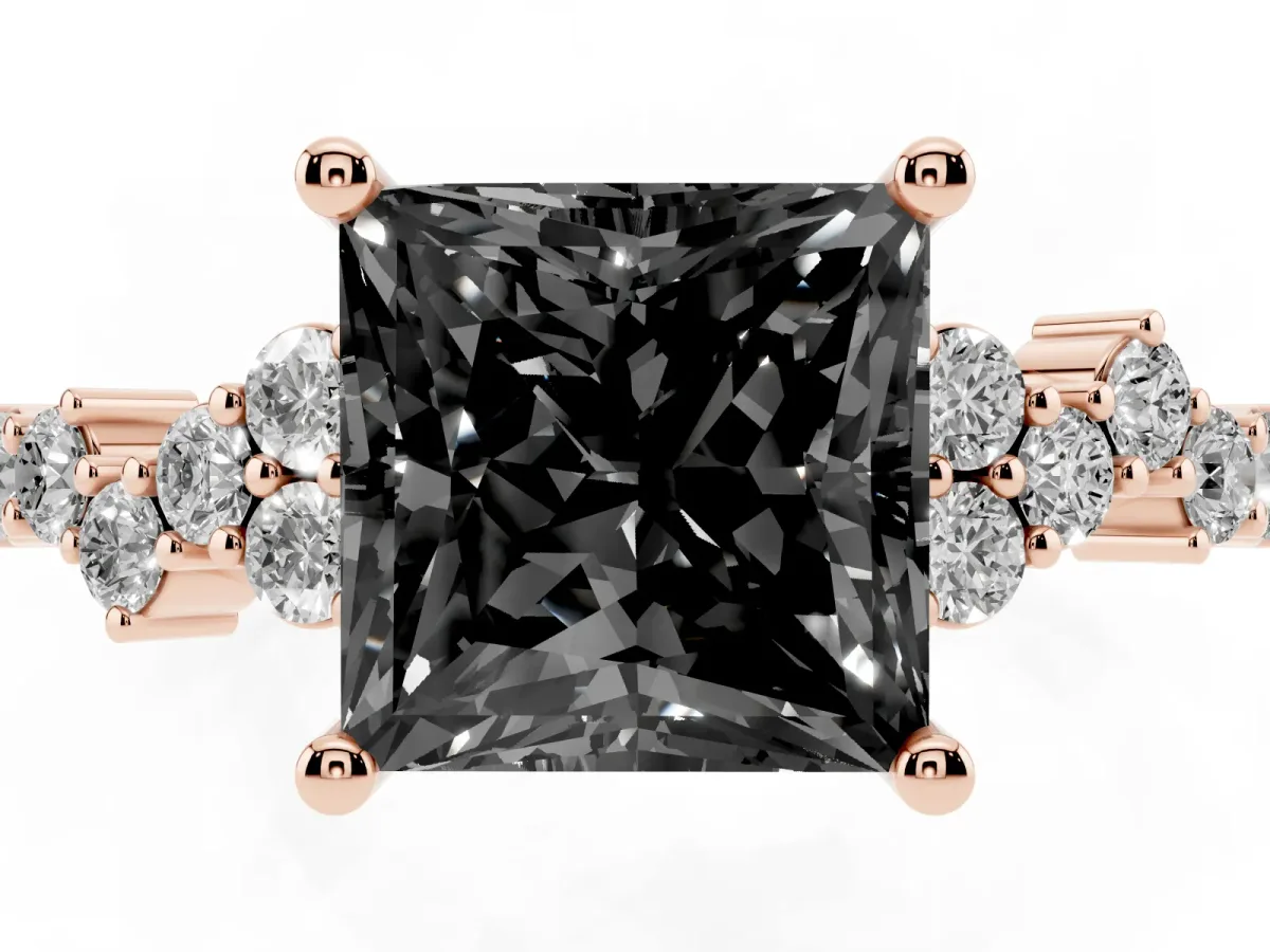 Fancy Black Princess Cut Diamond Scattered Round Accent Ring with Prong Setting Rose gold