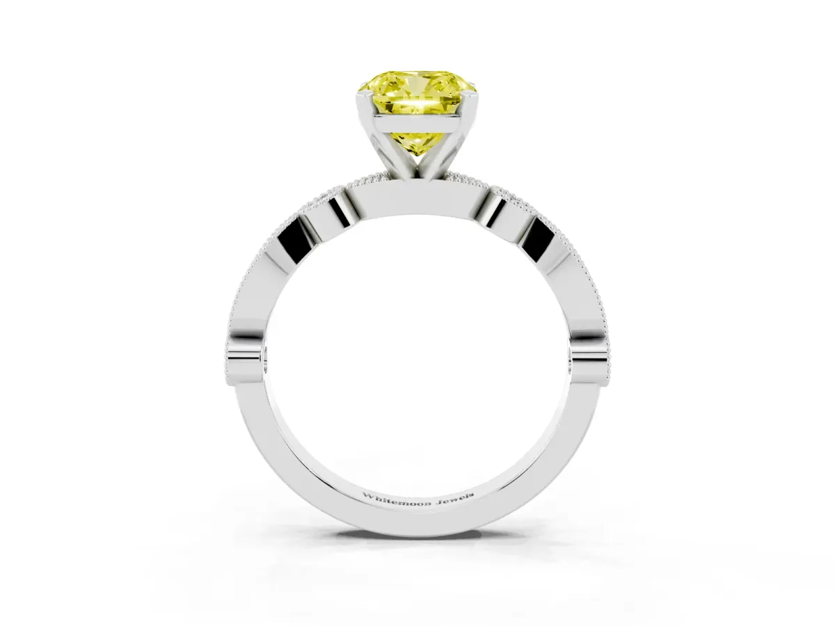 Fancy Yellow Cushion Cut Milgrain Bezel Diamond Engagement Ring with Solitaire Prong Setting Silver