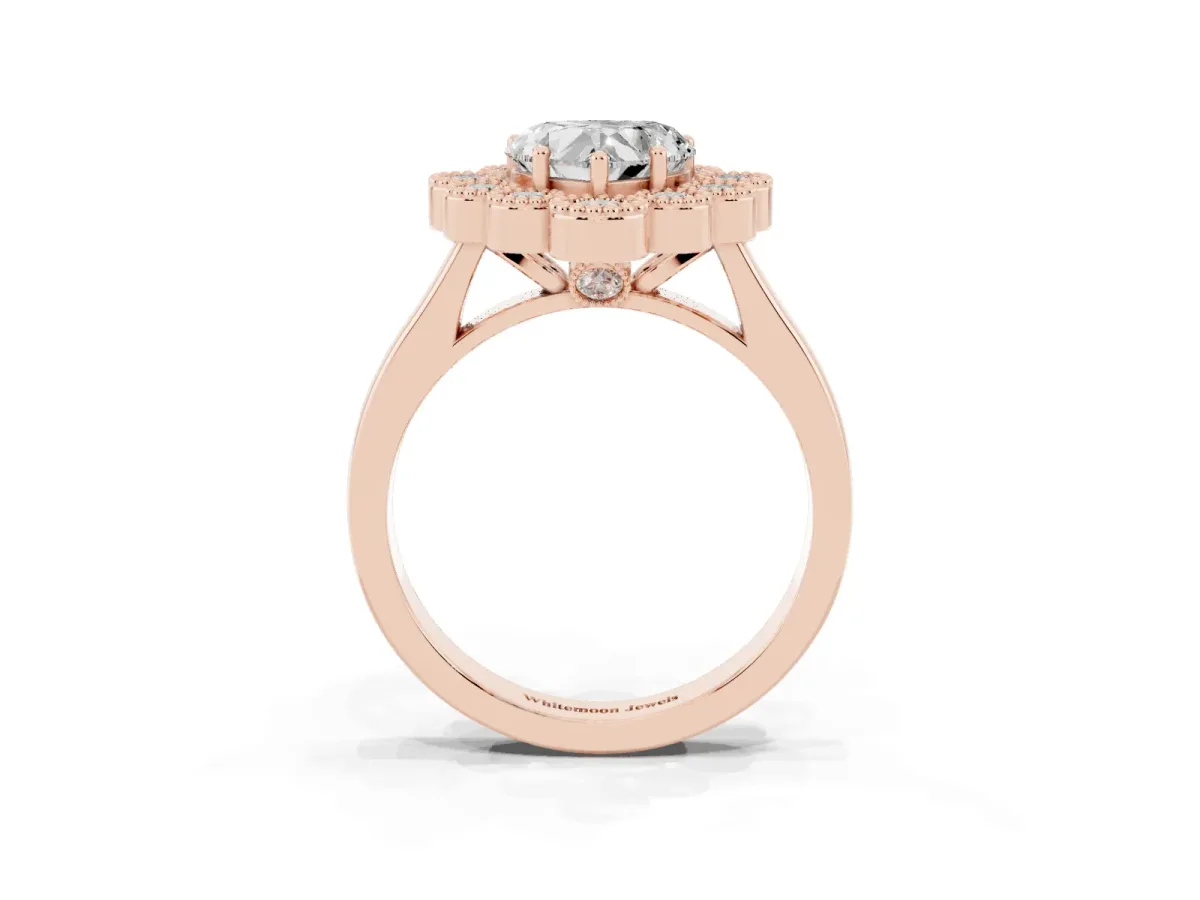 Heart Cut Halo Diamond Cluster Engagement Ring with Milgrain Bezel Setting and Solitaire Band Rose gold
