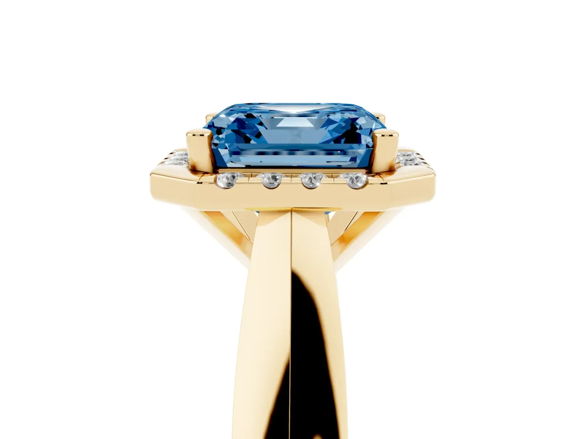 Fancy Blue Asscher Cut Cut Halo Solitaire Engagement Ring with Square Band and Four-Prong Setting Yellow gold
