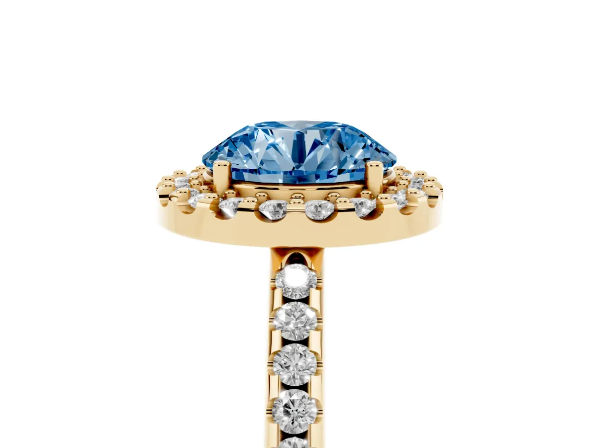 Fancy Blue Round Cut Diamond Pavé Halo Ring with Four-Prong Setting Yellow gold