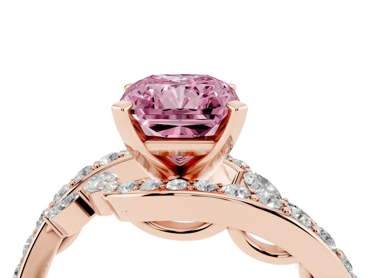 Fancy Pink Radiant Cut Solitaire with Pavé Twist Band and Four-Prong Setting Rose gold